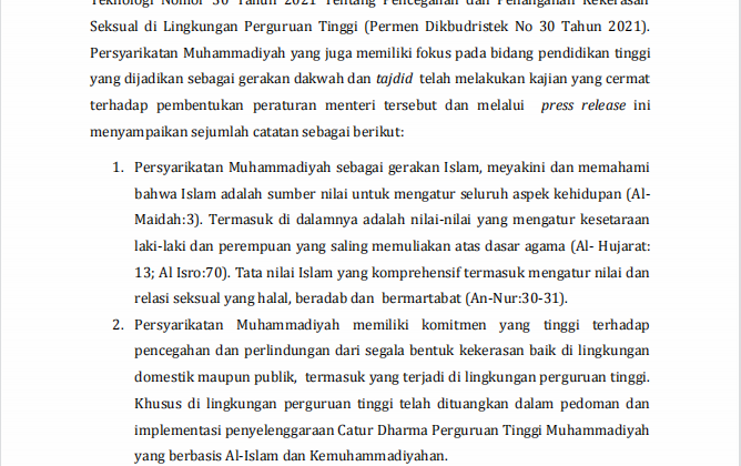 Siaran Pers Diktilitbang PP Muhammadiyah Terkait Permen Dikbudristek No 30 Tahun 2021