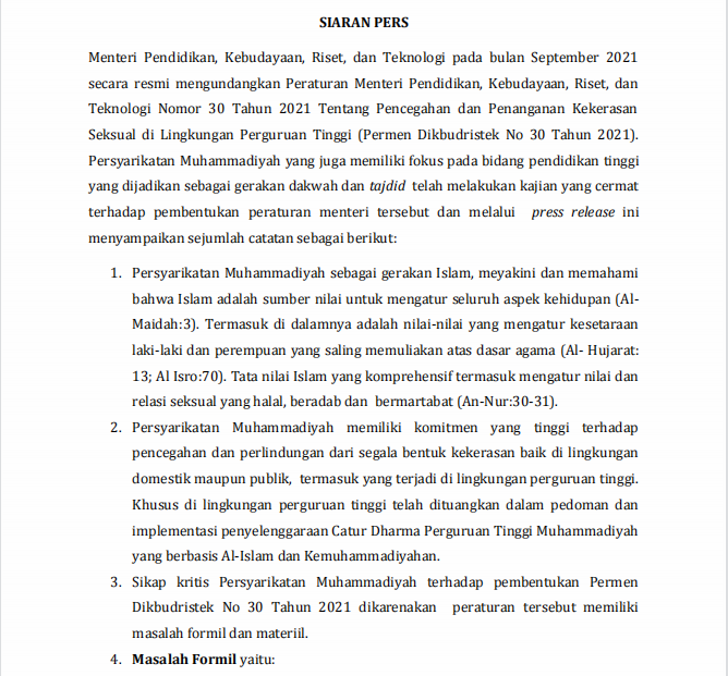 Press Release of Muhammadiyah Council for Higher Education, Research, and Technology for the Ministerial Decree of Kemendikbud Number 30 the Year 2021